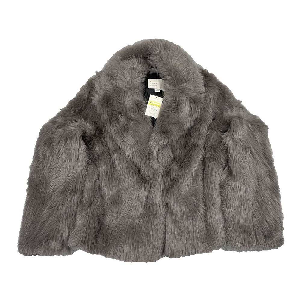 NWT A New Day Gray Faux Fur Jacket Womens S Collared Lined Fluffy Fall Winter